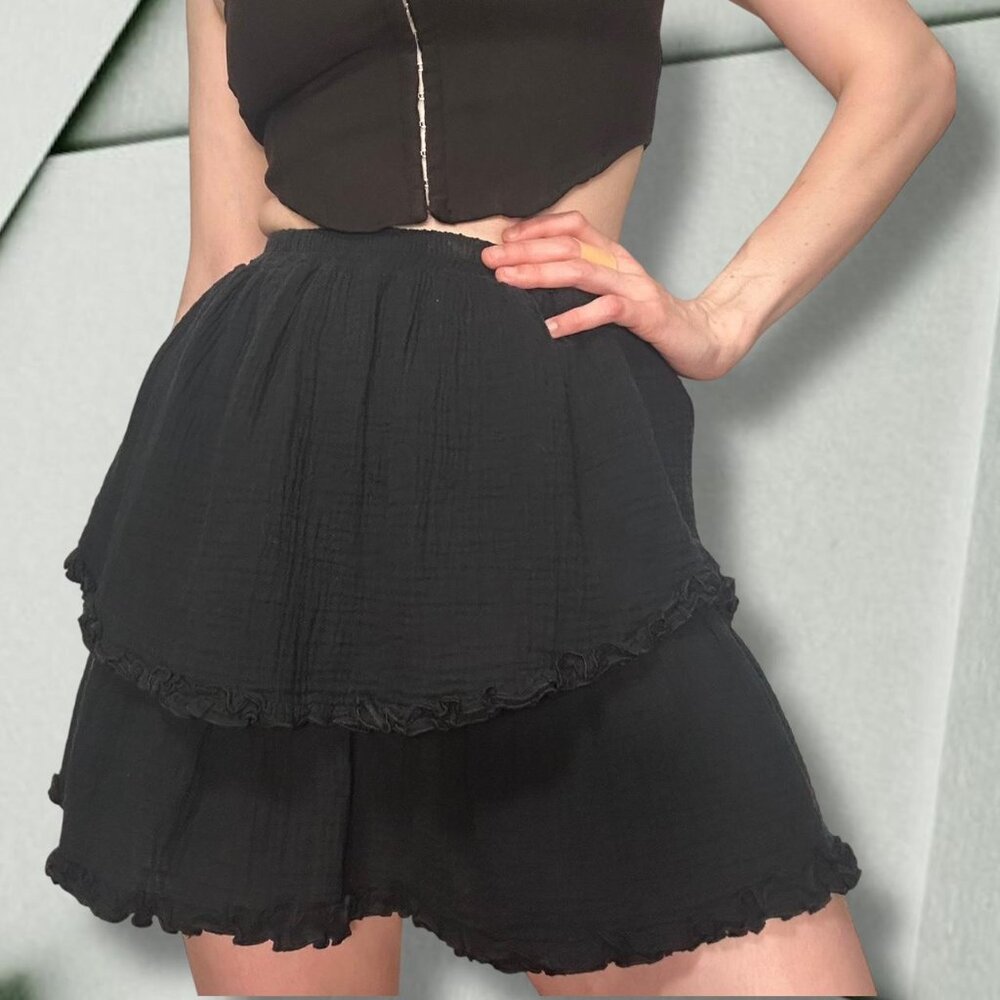 A line black double tier asymmetrical skirt with elastic waistband french XS